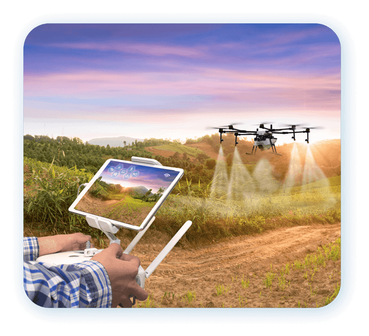 Farmer operating drone in field